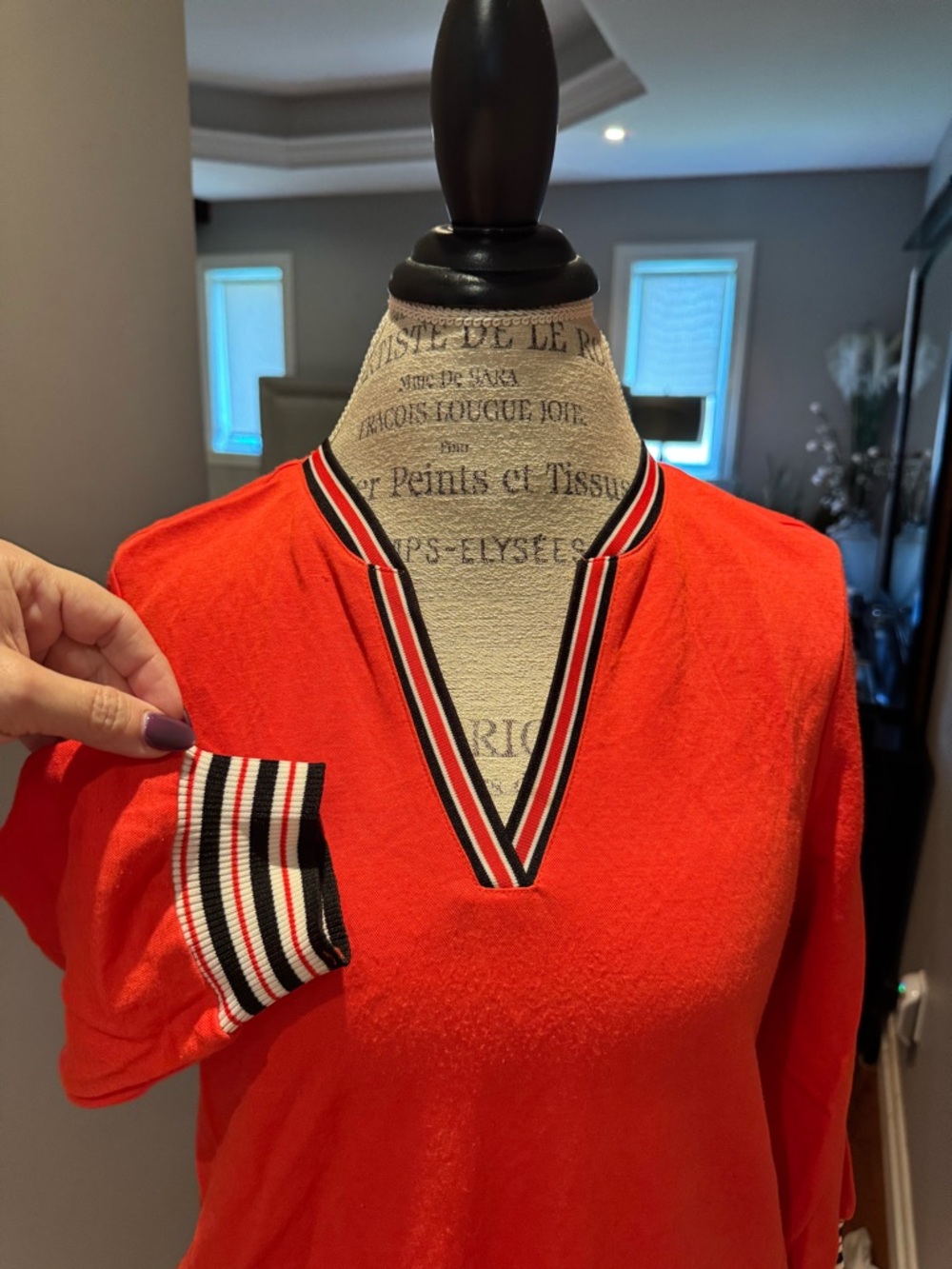 Women’s Long Sleeve V-Neck Pullover Dress - Red with Striped Trim